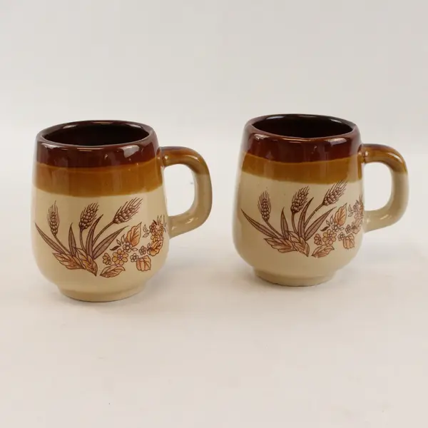Vintage Set of 2 Wheat Design Glazed Brown Ceramic Coffee Mugs