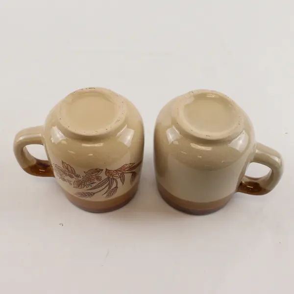 Vintage Set of 2 Wheat Design Glazed Brown Ceramic Coffee Mugs