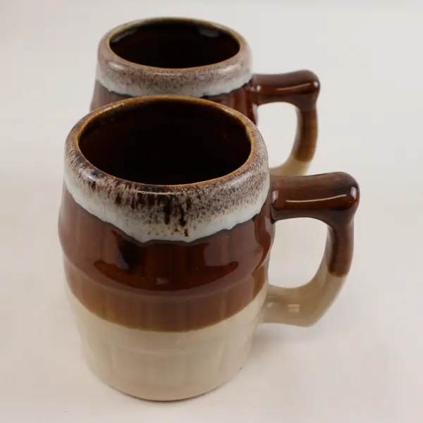 Set of 2 Vintage Drip Glaze Brown Barrel Ceramic Mugs Coffee Beer