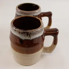 Set of 2 Vintage Drip Glaze Brown Barrel Ceramic Mugs Coffee Beer