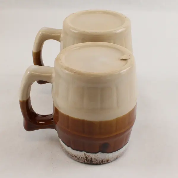 Set of 2 Vintage Drip Glaze Brown Barrel Ceramic Mugs Coffee Beer
