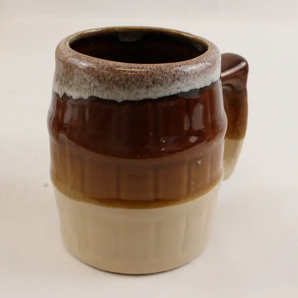Set of 2 Vintage Drip Glaze Brown Barrel Ceramic Mugs Coffee Beer
