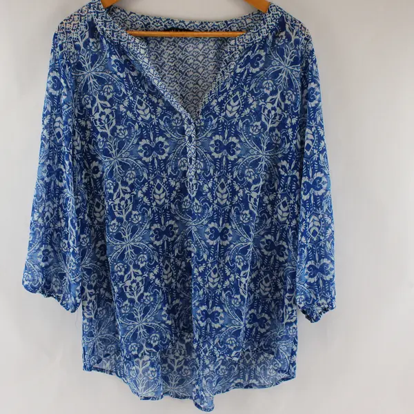 Zac & Rachel Sheer Blue and White 3/4-Sleeve Blouse Women's XL