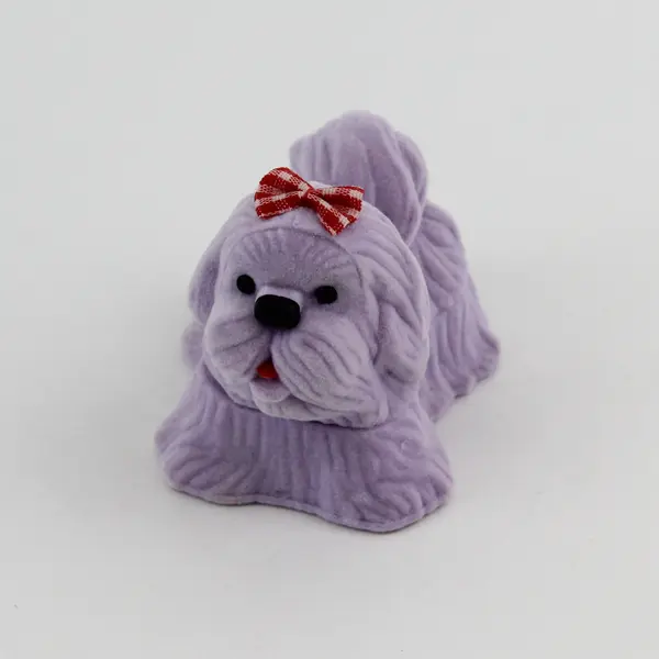 Lavender Flocked Dog Shaped Ring Box Red White Checked Bow