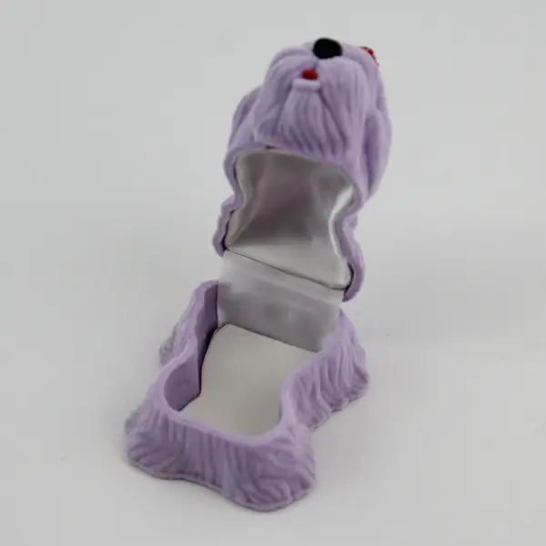Lavender Flocked Dog Shaped Ring Box Red White Checked Bow
