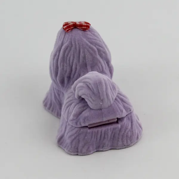 Lavender Flocked Dog Shaped Ring Box Red White Checked Bow