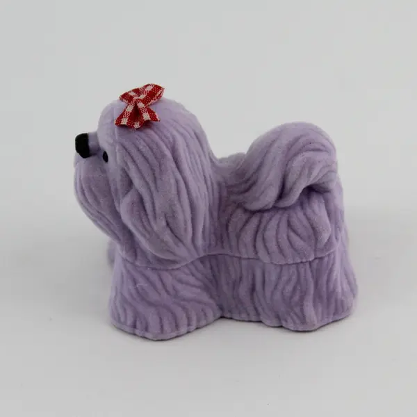 Lavender Flocked Dog Shaped Ring Box Red White Checked Bow