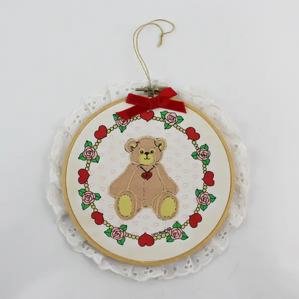 Vintage 1984 Lucy and Me Valentine Teddy Bear Embroidery Hoop Wall Hanging