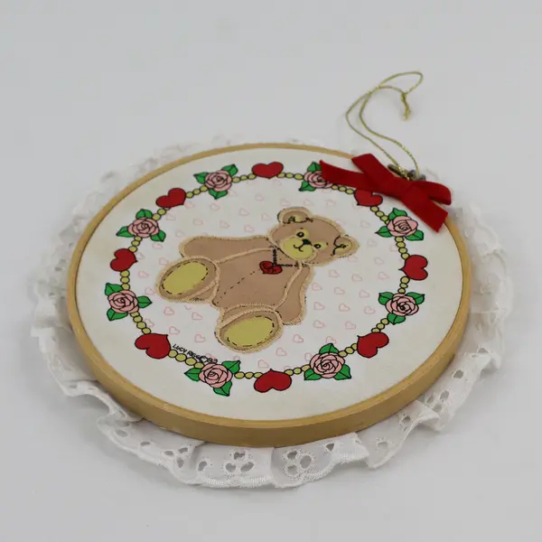 Vintage 1984 Lucy and Me Valentine Teddy Bear Embroidery Hoop Wall Hanging