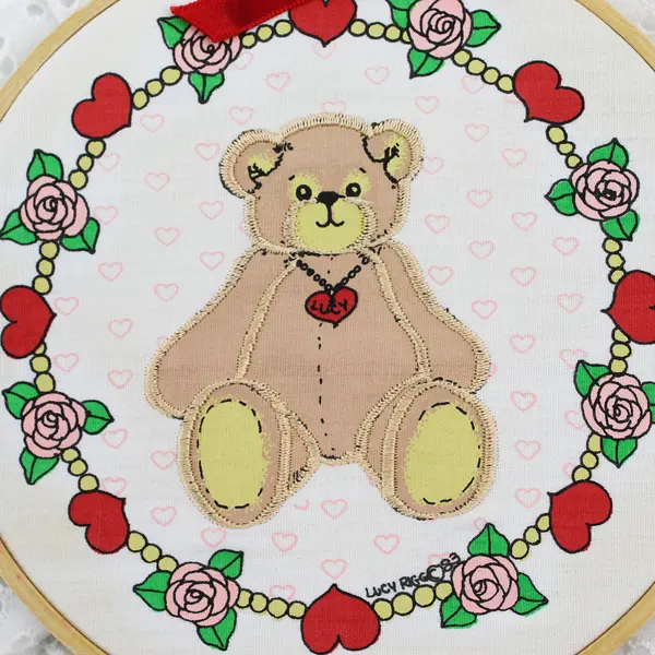 Vintage 1984 Lucy and Me Valentine Teddy Bear Embroidery Hoop Wall Hanging