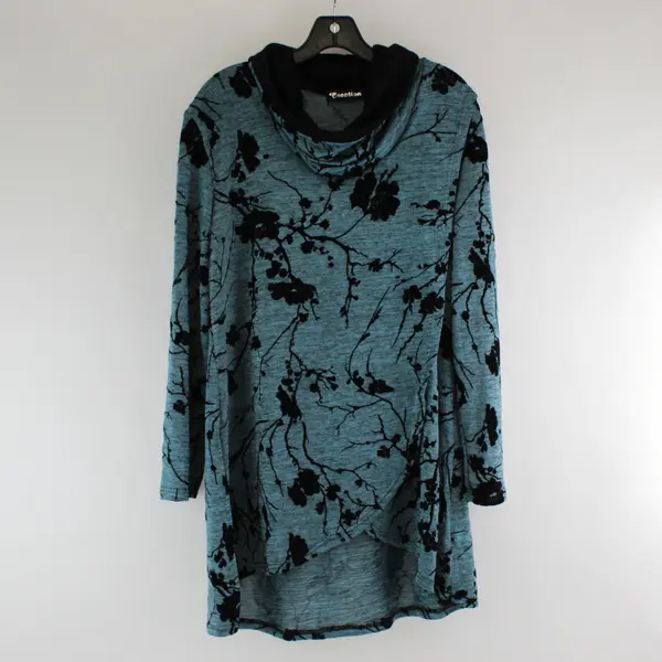 Creation Blue/Black Floral Pattern Velvet Long Sleeve Top Womens Size XL