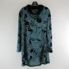 Creation Blue/Black Floral Pattern Velvet Long Sleeve Top Womens Size XL
