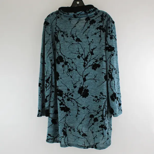 Creation Blue/Black Floral Pattern Velvet Long Sleeve Top Womens Size XL