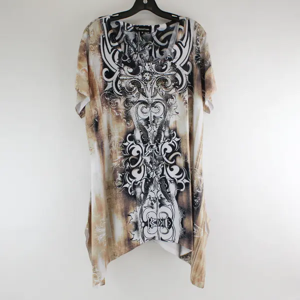 Creation Womens XL Black Brown Bejeweled Abstract Short Sleeve Top CA-37223