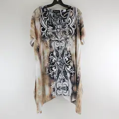 Creation Womens XL Black Brown Bejeweled Abstract Short Sleeve Top CA-37223