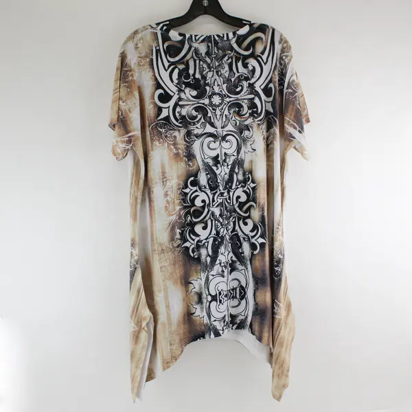Creation Womens XL Black Brown Bejeweled Abstract Short Sleeve Top CA-37223