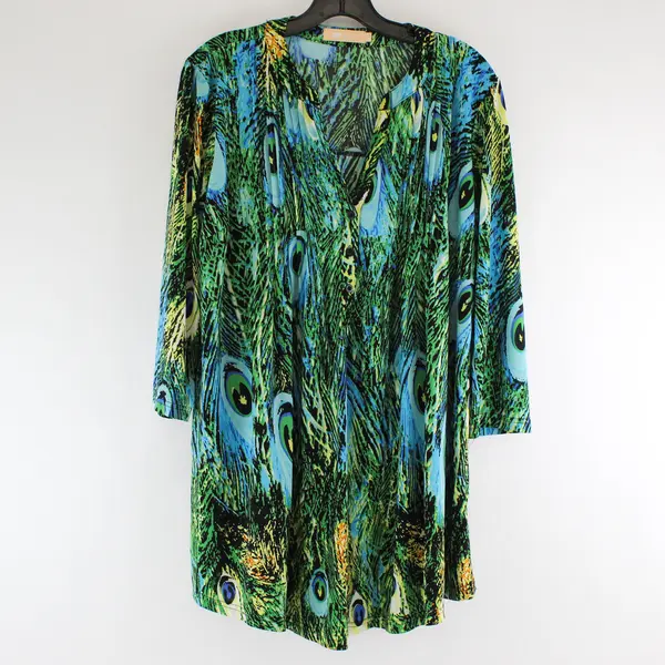 LA Cera Green/Blue Peacock Feather Quarter Length Sleeve Top Womens L