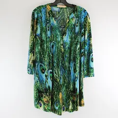 LA Cera Green/Blue Peacock Feather Quarter Length Sleeve Top Womens L