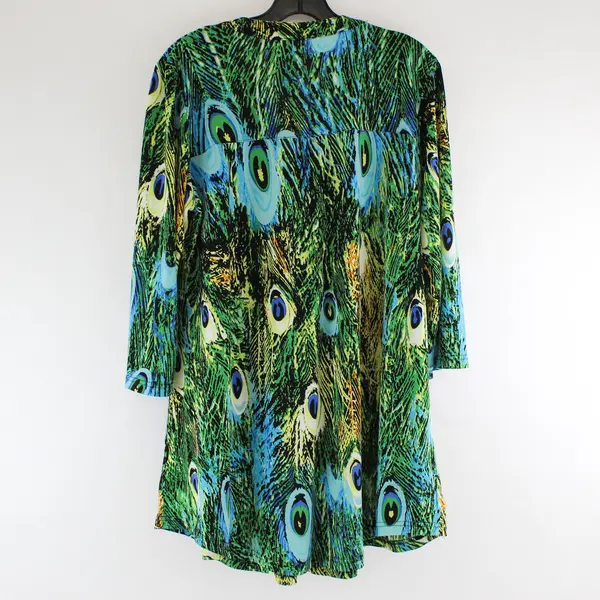 LA Cera Green/Blue Peacock Feather Quarter Length Sleeve Top Womens L