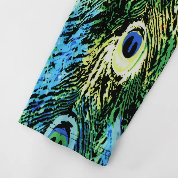 LA Cera Green/Blue Peacock Feather Quarter Length Sleeve Top Womens L