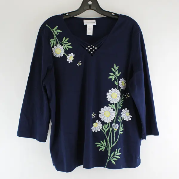 Alfred Dunner Blue Floral Embroidered 3/4 Sleeve Top Womens L