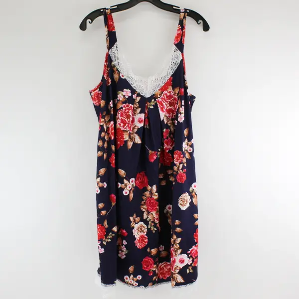 Ekouaer Blue W/ Red Rose Floral Pattern Sleeveless Top Lace Trim Women's Size XL