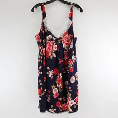 Ekouaer Blue W/ Red Rose Floral Pattern Sleeveless Top Lace Trim Women's Size XL