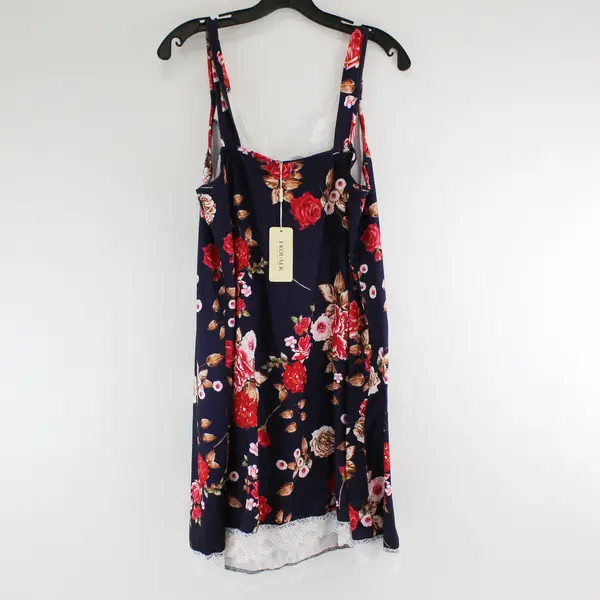 Ekouaer Blue W/ Red Rose Floral Pattern Sleeveless Top Lace Trim Women's Size XL
