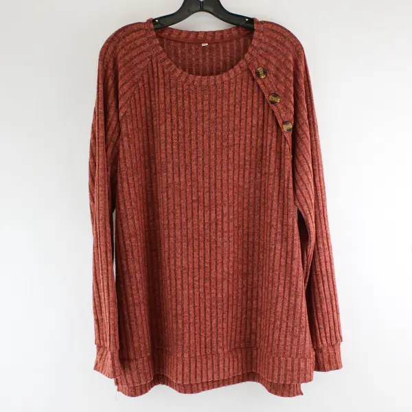 Women's XL Heathered Red Ribbed Knit Sweater Top Long Sleeve Button Shoulder
