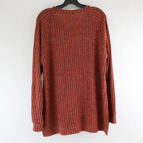 Women's XL Heathered Red Ribbed Knit Sweater Top Long Sleeve Button Shoulder