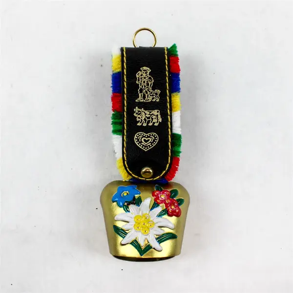 Vintage Swiss Gold-Tone Cow Bell Hand Painted Edelweiss Souvenir Collectible