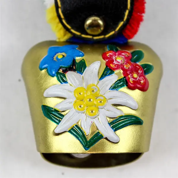 Vintage Swiss Gold-Tone Cow Bell Hand Painted Edelweiss Souvenir Collectible