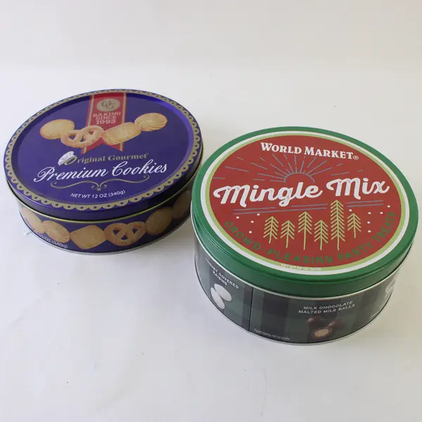 Lot of 2 World Market Mingle Mix Tin & Original Gourmet Premium Cookies Tin