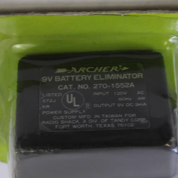 Archer 9V Battery Eliminator 120V Input 9V Output CAT No. 270-1552A