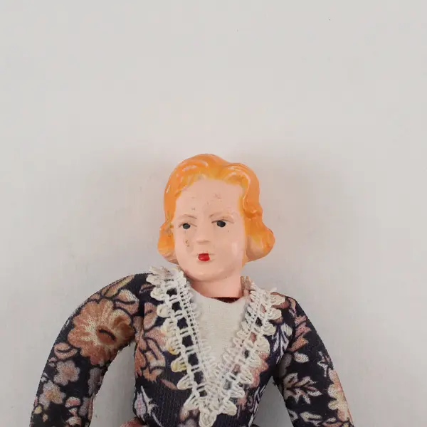 Vintage German Caco Mother Dollhouse Doll  in Floral Dress Thread Wrapped - FLAW