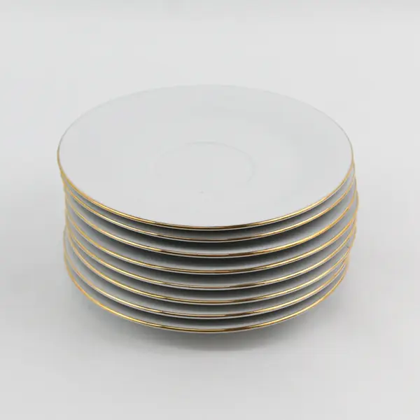 Set Of 8 White Sea Gull China Saucers With Gold Rims By Jian Shiang
