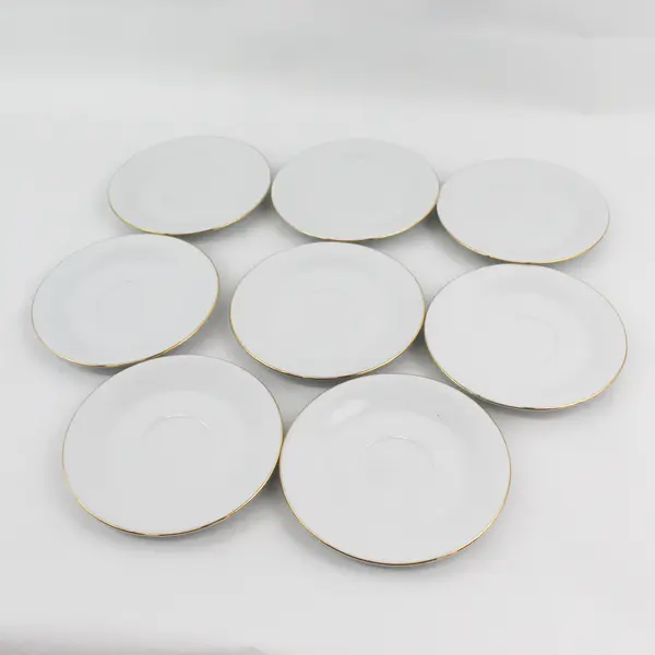 Set Of 8 White Sea Gull China Saucers With Gold Rims By Jian Shiang