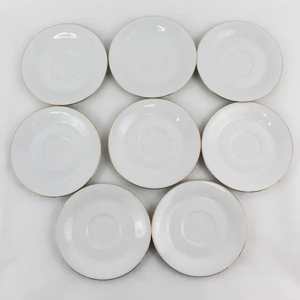 Set Of 8 White Sea Gull China Saucers With Gold Rims By Jian Shiang