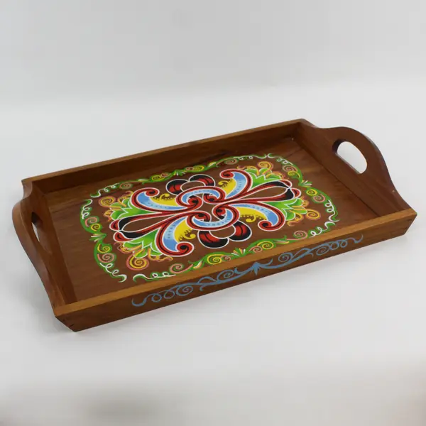Vintage Hand-Painted Wood Serving Tray with Side Handles