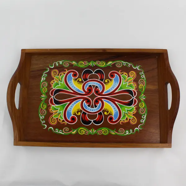 Vintage Hand-Painted Wood Serving Tray with Side Handles