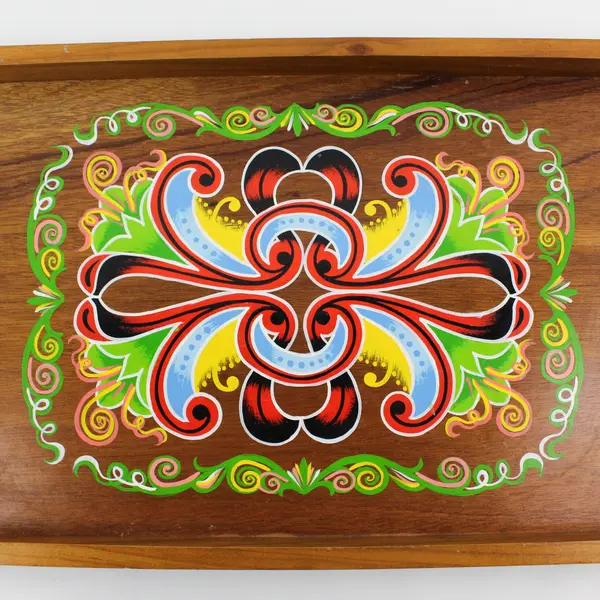 Vintage Hand-Painted Wood Serving Tray with Side Handles