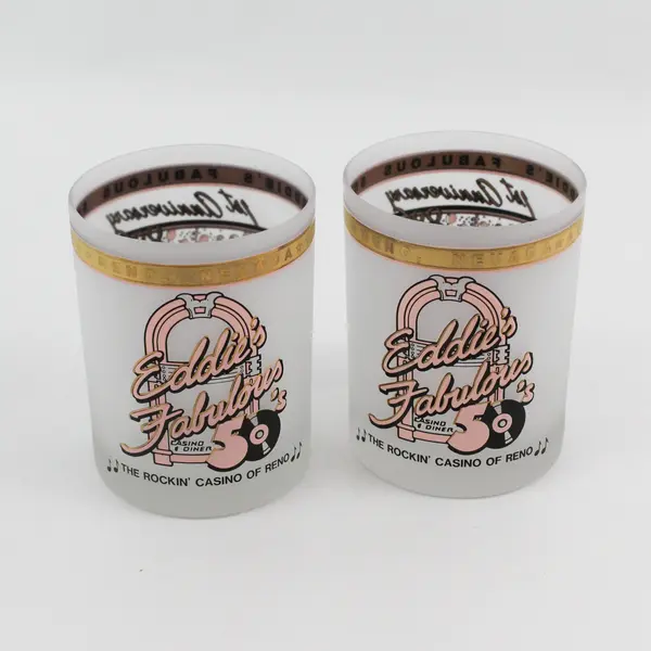2 Eddies Fabulous 50s Rockin Casino Reno NV Frosted Old Fashioned Glasses 