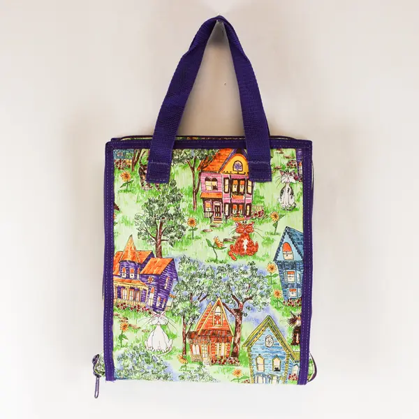 Timeless Totes Purple Cats Houses Scrapbook Tote 11 Clear Zippered Pockets