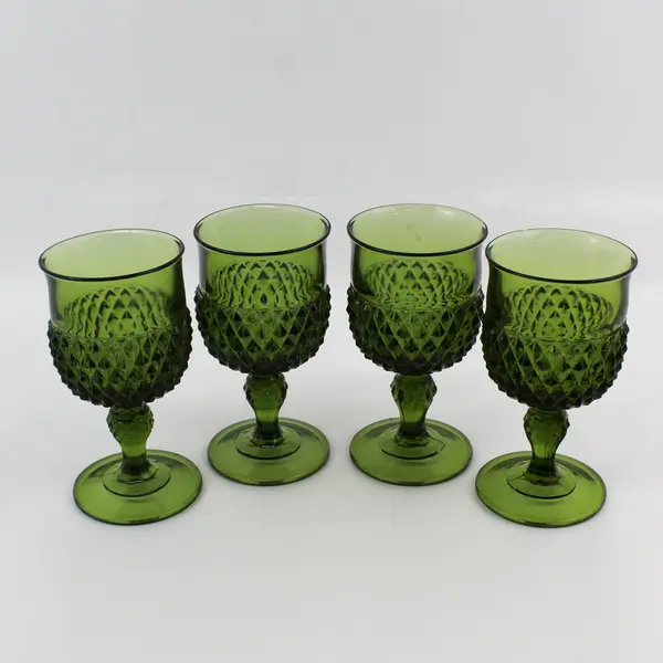 Set of 4 Vintage Indiana Glass Diamond Point Water Goblets Avocado Green 