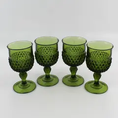 Set of 4 Vintage Indiana Glass Diamond Point Water Goblets Avocado Green 