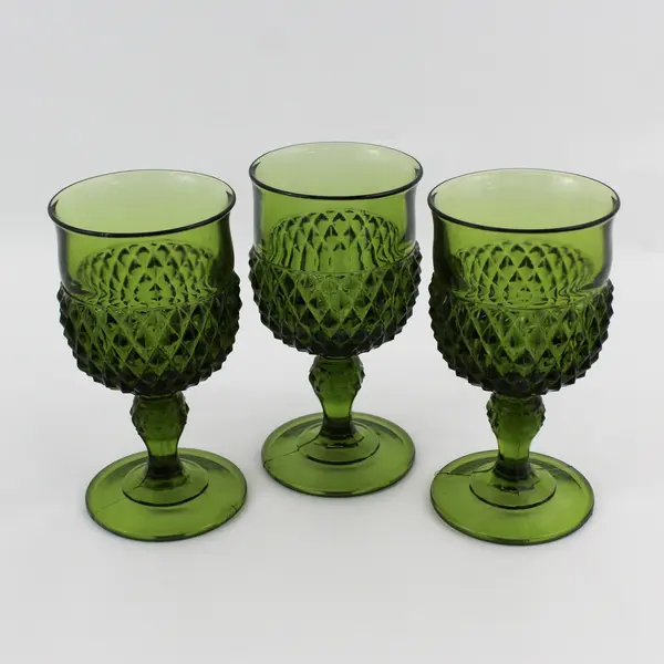 Set of 3 Vintage Indiana Glass Diamond Point Water Goblets Avocado Green 