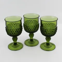 Set of 3 Vintage Indiana Glass Diamond Point Water Goblets Avocado Green 