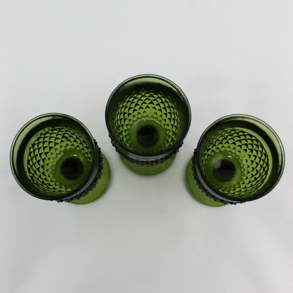 Set of 3 Vintage Indiana Glass Diamond Point Water Goblets Avocado Green 
