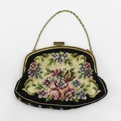Vintage Petit Point Art Nouveau Needlepoint Floral Purse Handbag Gold Chain Deco