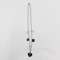 Black Enamel Heart Key Faux Pearl Bead Necklace 23in Silver Tone